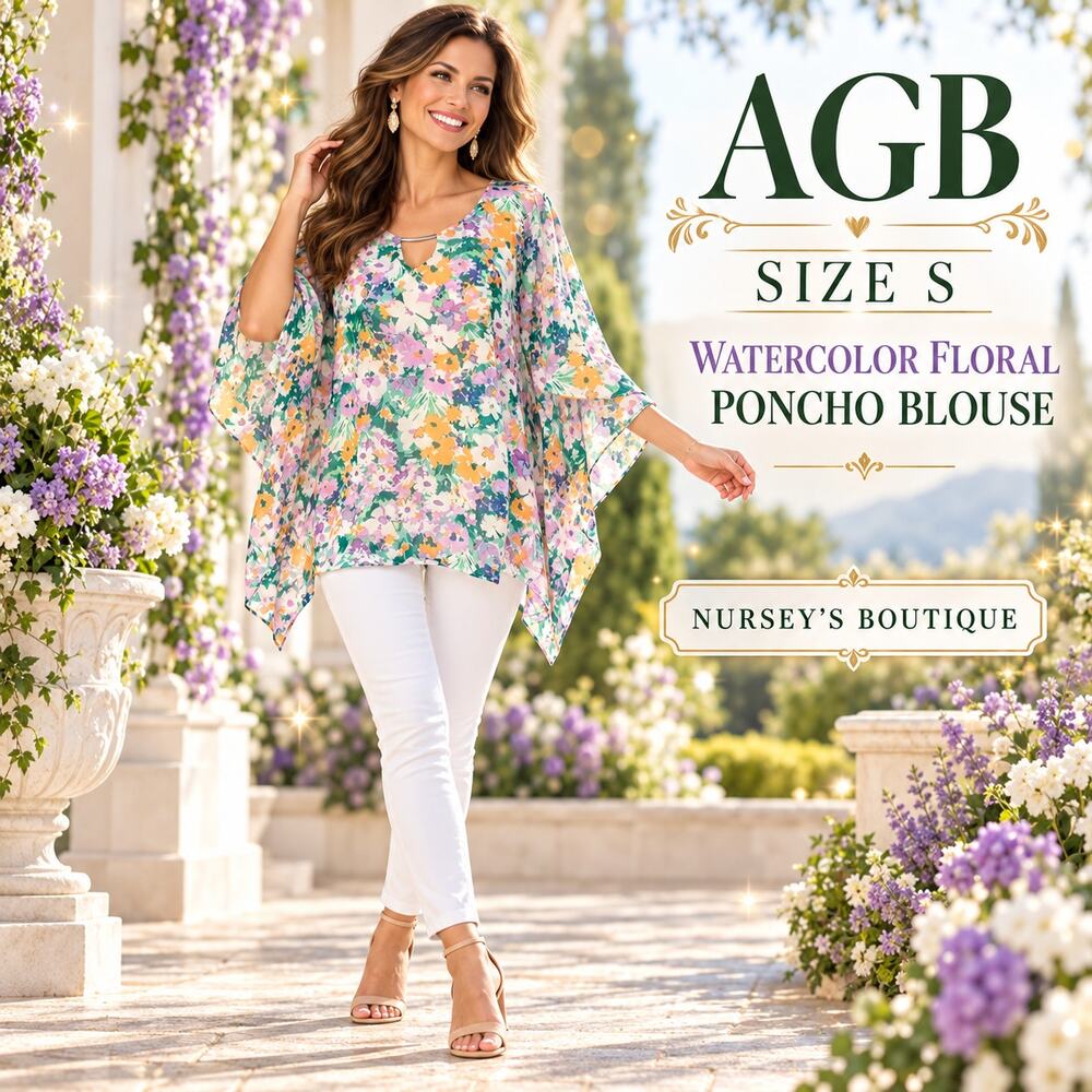 AGB Watercolor Floral Poncho Blouse Kimono Sleeve Tunic Top Small